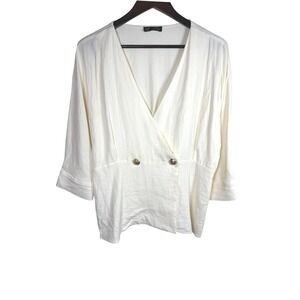 Zara TRF Cream White Wrap Blouse Gold Crest Button V-Neck Peplum Top XL